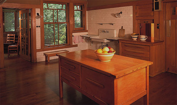 The Fiennes kitchen at The Gamble House, mostly made from wood materials.